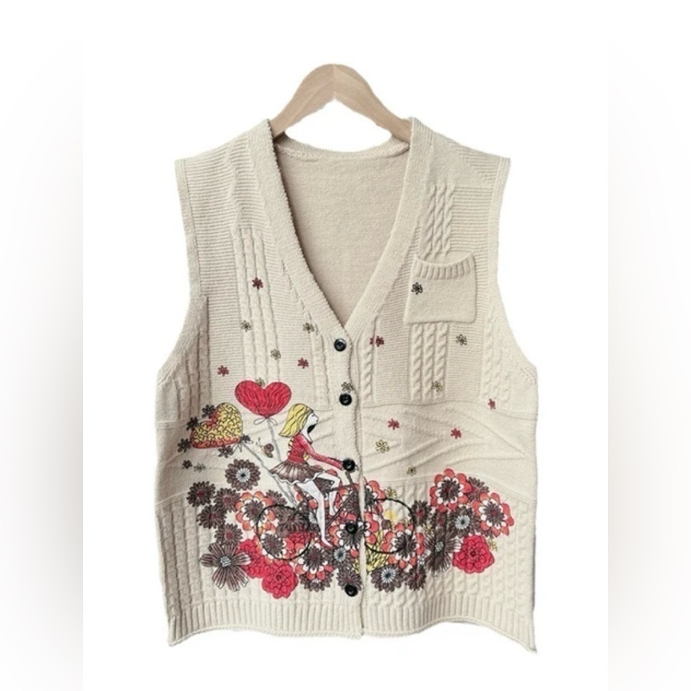 Vintage Boho Embroidered Cable Knit Sweater Vest Cottagecore Mori Girl